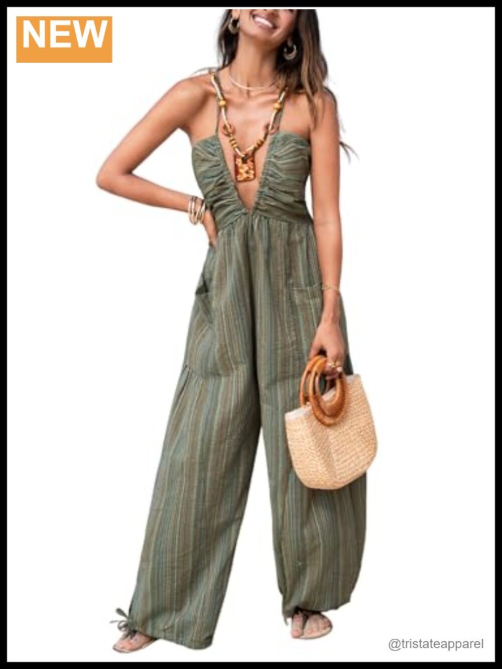 CUPSHE Women's Plunging Halter Sleeveless Striped Wide Leg Maxi Jumpsuit